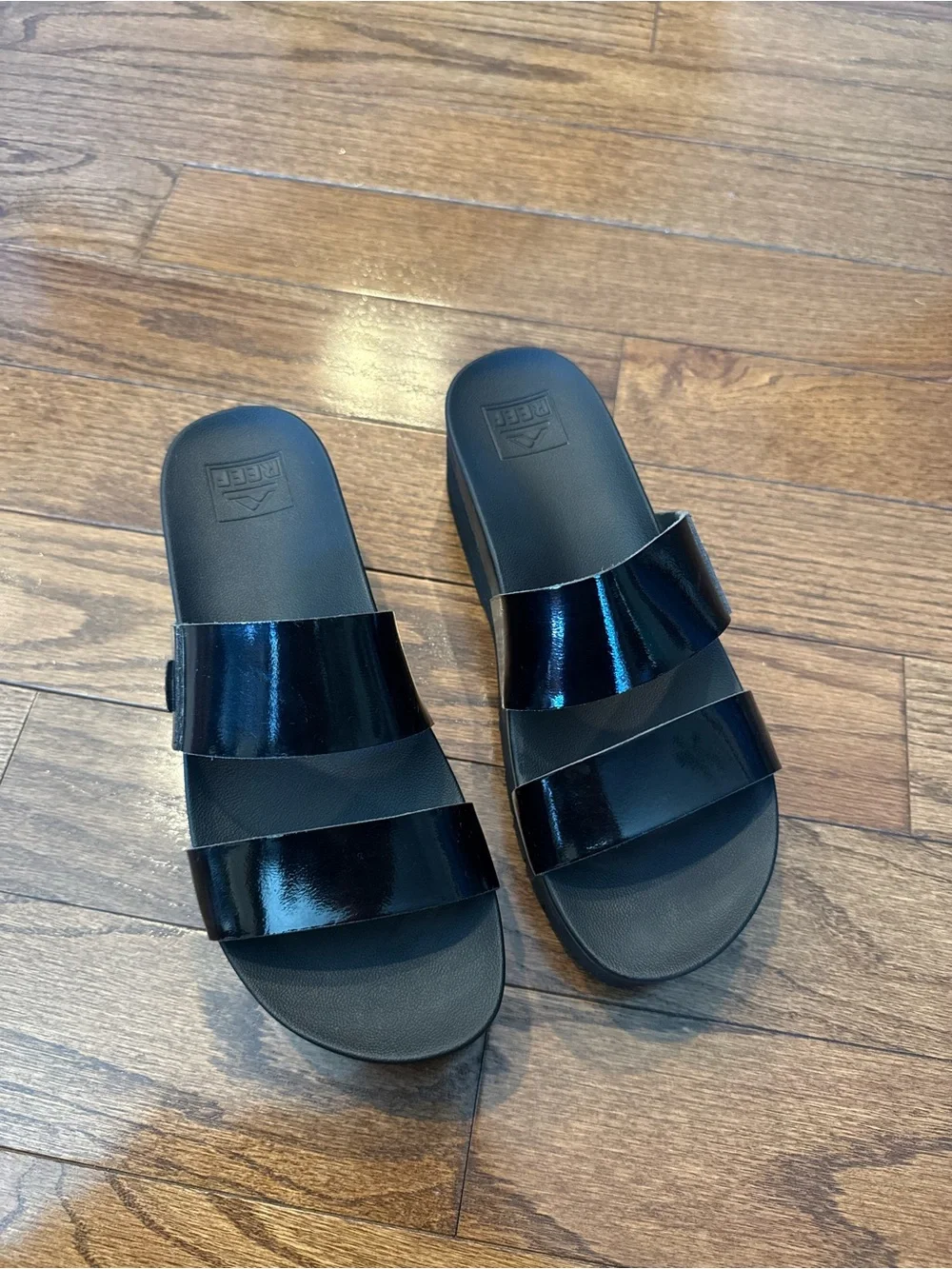 Reef Black Patent Platform Slide Sandals
